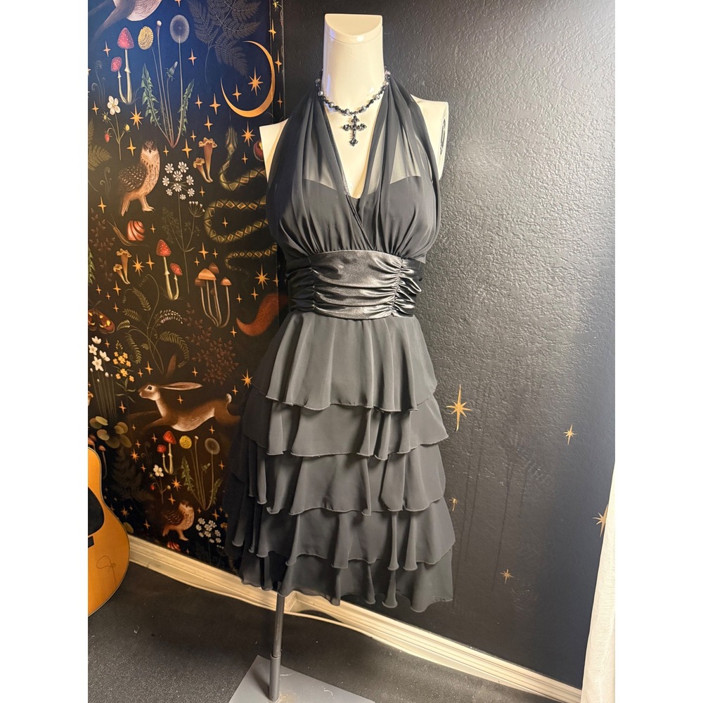 Connected Apparel Black Halter Ruffle Tiered Cocktail Dress Size 12 Evening